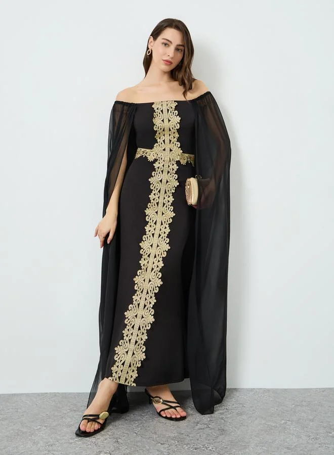 Take Two Women Black Embroidered Off Shoulder Cape Sleeve Maxi Dress